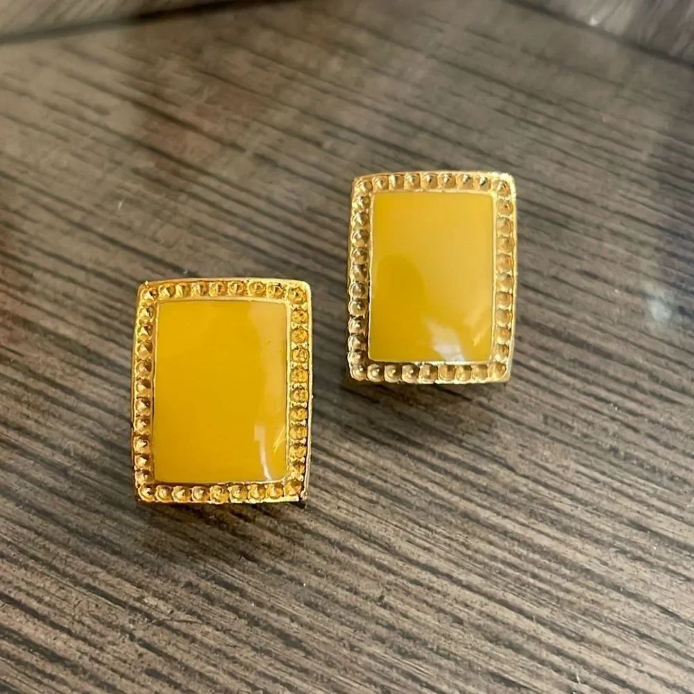 Vintage Gold-tone Rectangle with Yellow Enamel Center